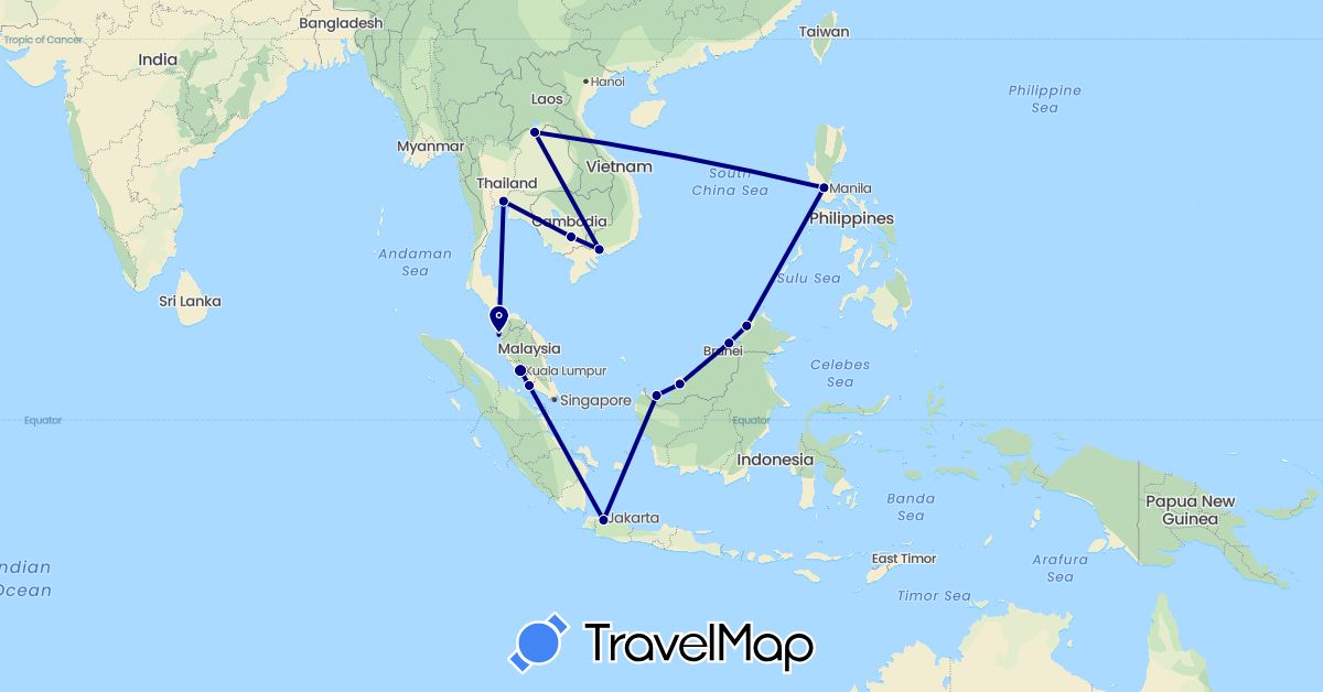 TravelMap itinerary: driving in Brunei, Indonesia, Cambodia, Laos, Malaysia, Philippines, Thailand, Vietnam (Asia)